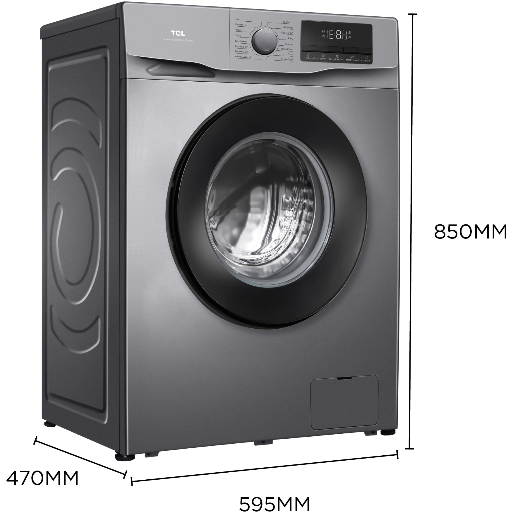 Masina de spalat rufe TCL FF0612SB1, 6 kg, 1200 RPM, Clasa B, BLDC Inverter Motor, Steam Wash, Drum Clean, 24 Hour Delay, Honeycomb Drum, Quick Wash 18 min, Add Garment, 16 Programe, Argintiu