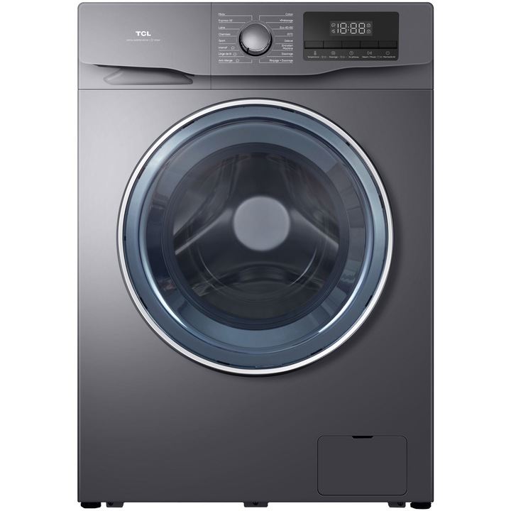 Пералня TCL FF0912SA0, 9 кг, 1200 об/мин, Клас A, BLDC инверторен мотор, Пране с пара, Почистване на барабана, 24 часа отлагане, Бързо пране 18 минути, Добавяне на дреха, 16 програми, Сребрист