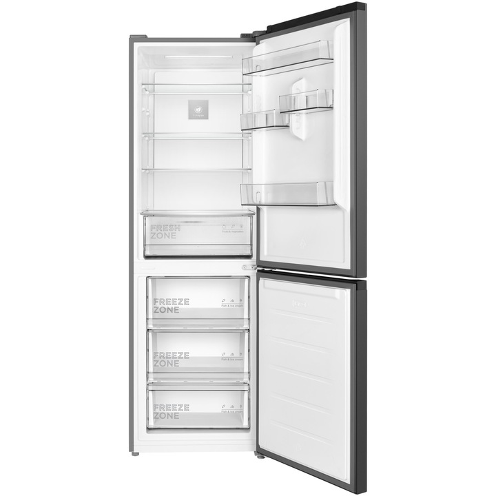 Combina frigorifica TCL RF340BSE0, 340L, Total No Frost, Compresor Inverter, T-Fresh, Multi-air flow, Power Cool, Power Freeze, Usa reversibila, Maner retras, Iluminare LED, Clasa E, H 185 cm, Gri Quartz