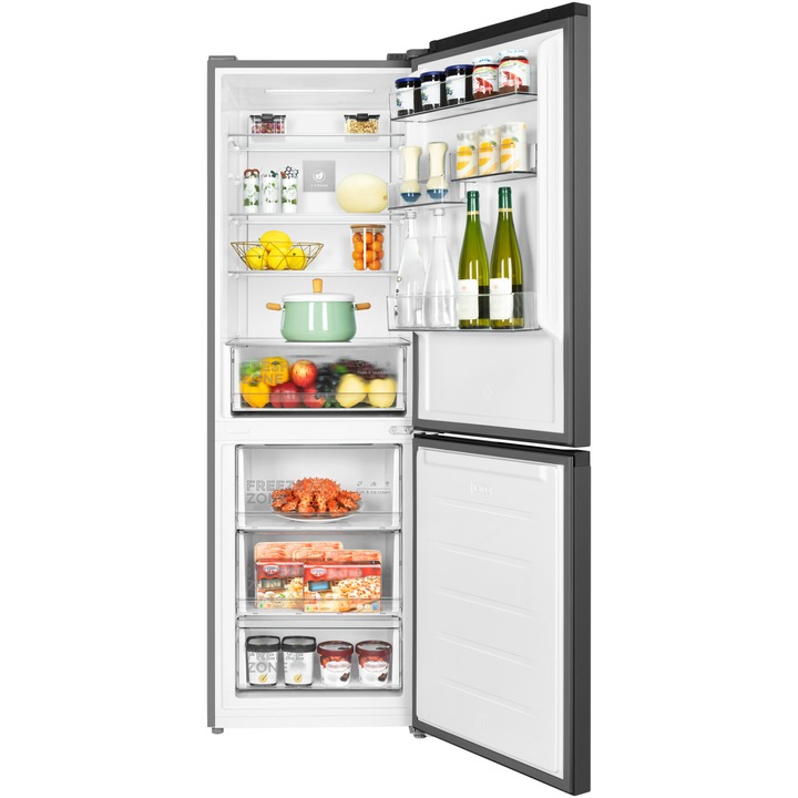 Combina frigorifica TCL RF340BSE0, 340L, Total No Frost, Compresor Inverter, T-Fresh, Multi-air flow, Power Cool, Power Freeze, Usa reversibila, Maner retras, Iluminare LED, Clasa E, H 185 cm, Gri Quartz