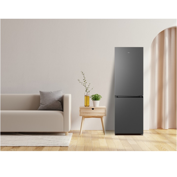 Combina frigorifica TCL RP340BSD0, 340L, Total No Frost, Compresor Inverter, Display Touch, T-Fresh, Usa reversibila, deschidere 90°, Maner retras, Iluminare LED, Clasa D, H 185 cm, Gri Quartz