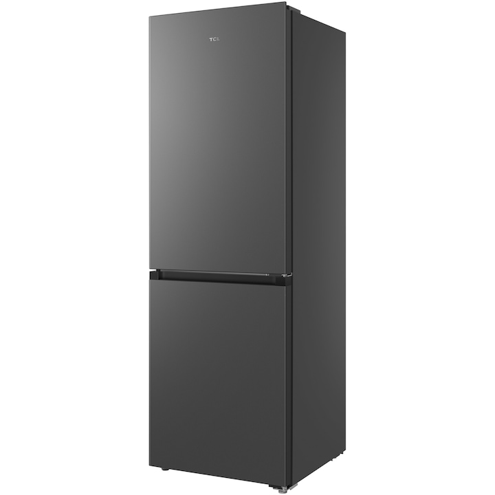 Combina frigorifica TCL RF340BSE0, 340L, Total No Frost, Compresor Inverter, T-Fresh, Multi-air flow, Power Cool, Power Freeze, Usa reversibila, Maner retras, Iluminare LED, Clasa E, H 185 cm, Gri Quartz