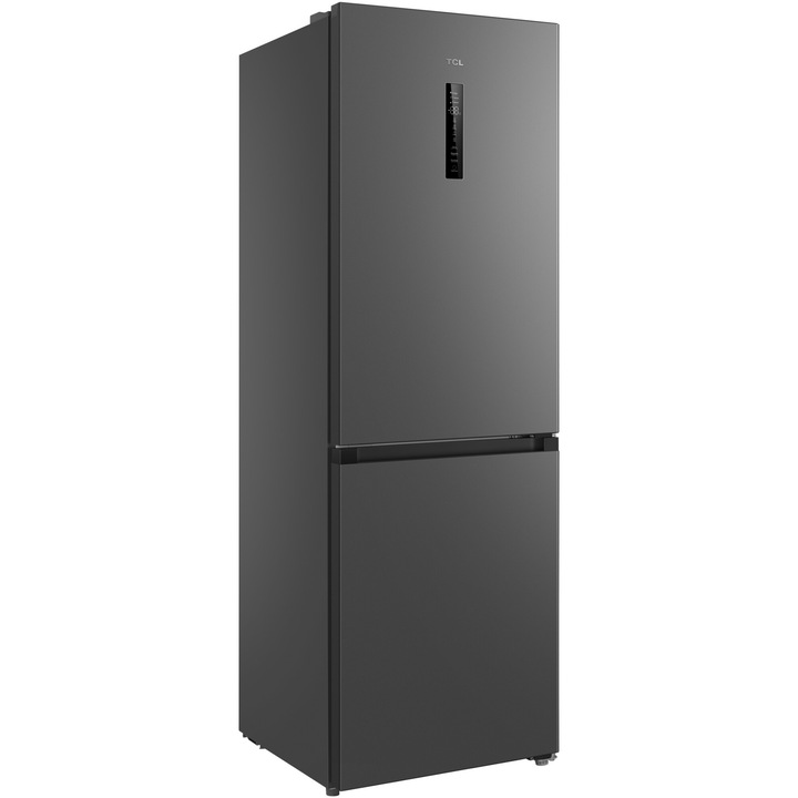 Combina frigorifica TCL RP340BSD0, 340L, Total No Frost, Compresor Inverter, Display Touch, T-Fresh, Usa reversibila, deschidere 90°, Maner retras, Iluminare LED, Clasa D, H 185 cm, Gri Quartz
