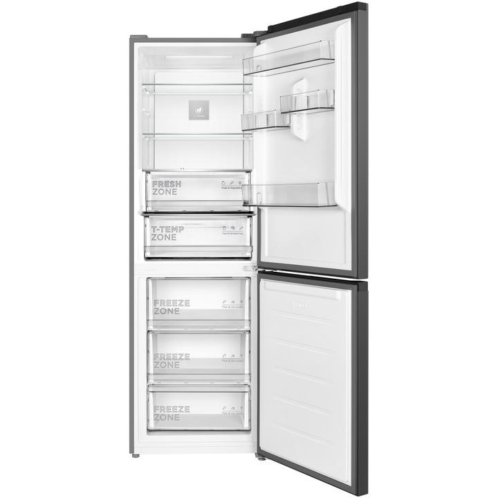 Combina frigorifica TCL RP340BSD0, 340L, Total No Frost, Compresor Inverter, Display Touch, T-Fresh, Usa reversibila, deschidere 90°, Maner retras, Iluminare LED, Clasa D, H 185 cm, Gri Quartz