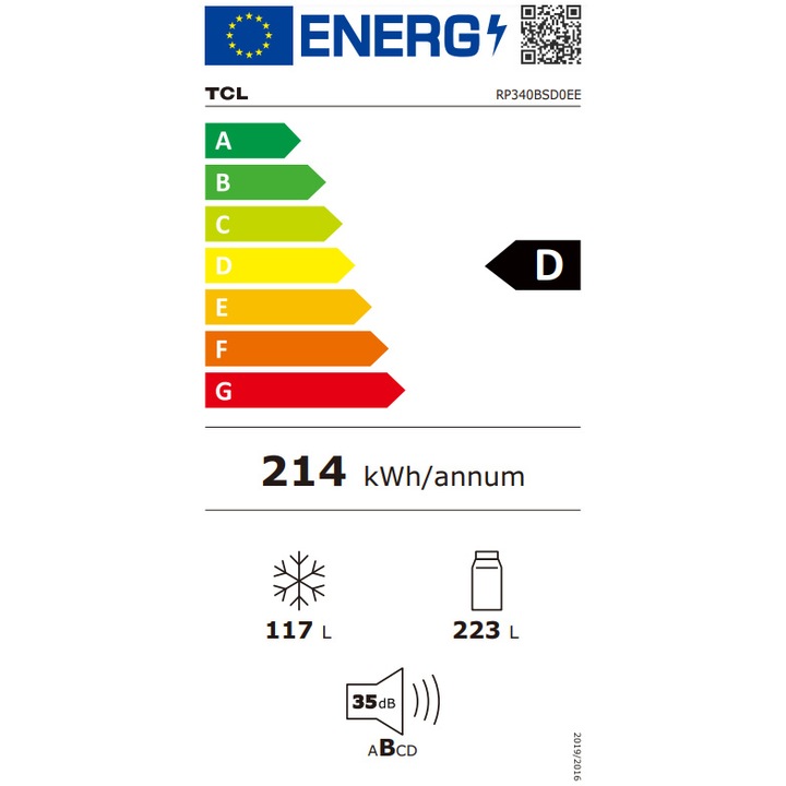 Combina frigorifica TCL RP340BSD0, 340L, Total No Frost, Compresor Inverter, Display Touch, T-Fresh, Usa reversibila, deschidere 90°, Maner retras, Iluminare LED, Clasa D, H 185 cm, Gri Quartz