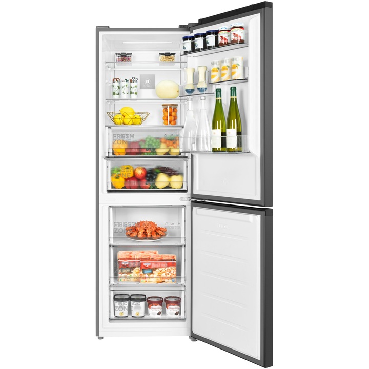 Combina frigorifica TCL RP340BSD0, 340L, Total No Frost, Compresor Inverter, Display Touch, T-Fresh, Usa reversibila, deschidere 90°, Maner retras, Iluminare LED, Clasa D, H 185 cm, Gri Quartz
