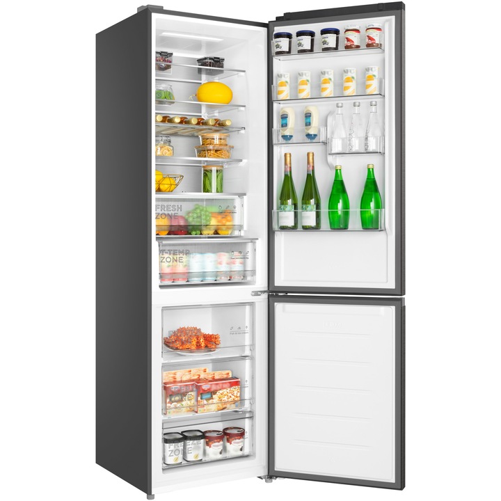 Combina frigorifica TCL RP382BXD0, 382L, Total No Frost, Compresor Inverter, Display Touch, T-Fresh, Rafturi ajustabile, Usa reversibila, deschidere 90°, Maner retras, Iluminare LED, Clasa D, H 203 cm, Galaxy Inox