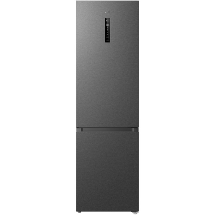 Combina frigorifica TCL RP382BXD0, 382L, Total No Frost, Compresor Inverter, Display Touch, T-Fresh, Rafturi ajustabile, Usa reversibila, deschidere 90°, Maner retras, Iluminare LED, Clasa D, H 203 cm, Galaxy Inox