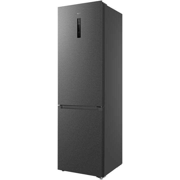 Combina frigorifica TCL RP382BXD0, 382L, Total No Frost, Compresor Inverter, Display Touch, T-Fresh, Rafturi ajustabile, Usa reversibila, deschidere 90°, Maner retras, Iluminare LED, Clasa D, H 203 cm, Galaxy Inox