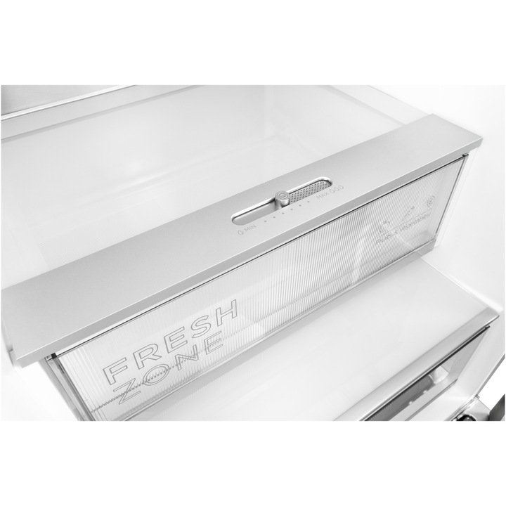 Combina frigorifica TCL RP382BXD0, 382L, Total No Frost, Compresor Inverter, Display Touch, T-Fresh, Rafturi ajustabile, Usa reversibila, deschidere 90°, Maner retras, Iluminare LED, Clasa D, H 203 cm, Galaxy Inox