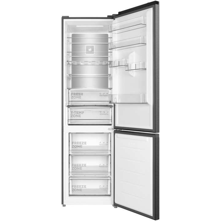Combina frigorifica TCL RP382BXD0, 382L, Total No Frost, Compresor Inverter, Display Touch, T-Fresh, Rafturi ajustabile, Usa reversibila, deschidere 90°, Maner retras, Iluminare LED, Clasa D, H 203 cm, Galaxy Inox