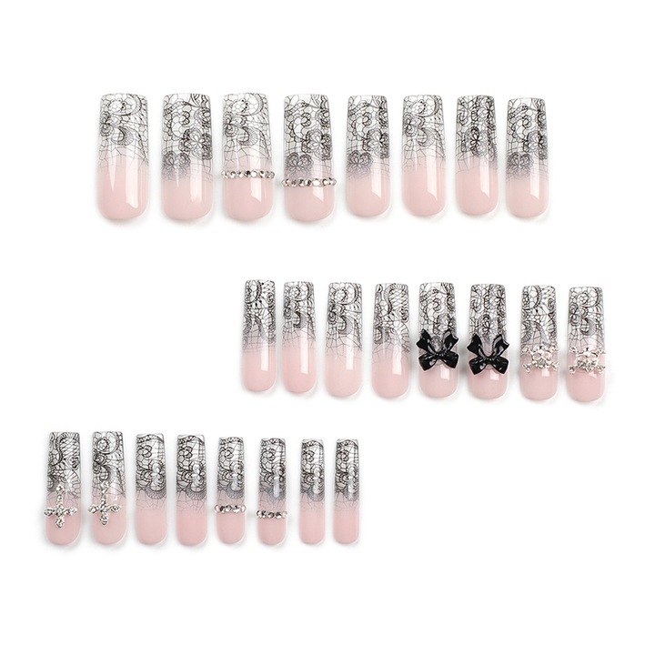 24 db műköröm készlet, Fekete strasszokkal, 12 méret