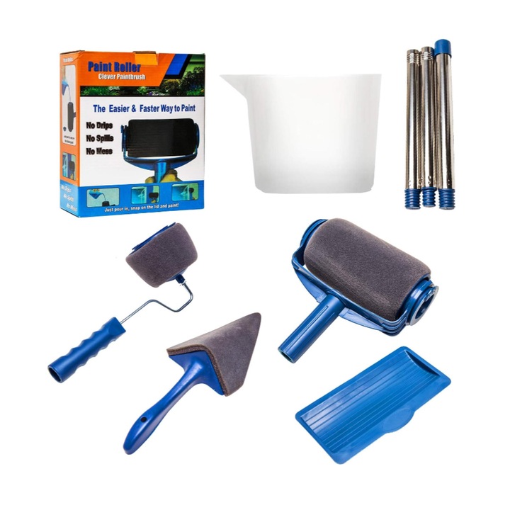 Set Trafalet, cu rezervor, Burete Calitativ fara urme, 3 Bete pentru prelungire, Rola pentru Geamuri cu rezervor, Pensula pentru locuri inguste, Accesorii incluse, Albastru