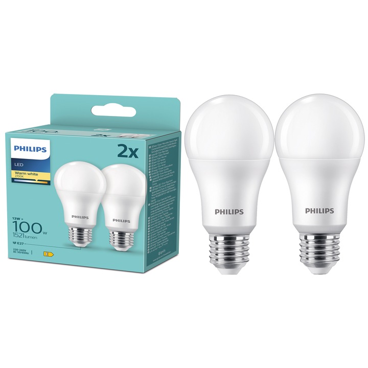Комплект 2 LED крушки Philips A67, E27, 13W (100W), 1521 lm, Топла бяла светлина (2700K), Енергиен клас E