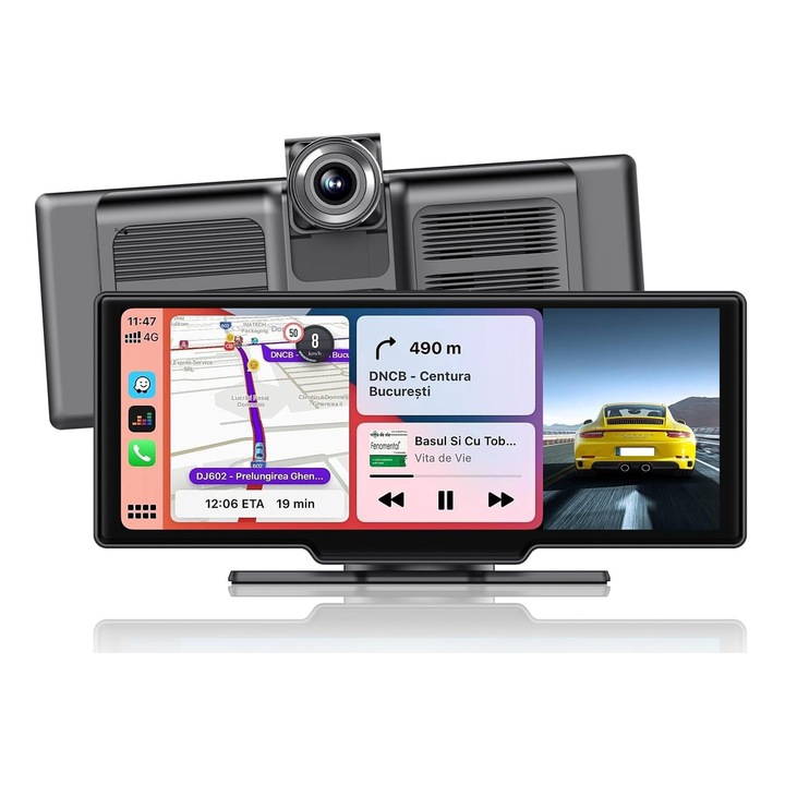 Автомобилна навигация Мултимедия WALALLA, дисплей 10,27 инча сензорен екран, Carplay и Android Auto Wireless, Bluetooth, предна камера и заден ход, черен