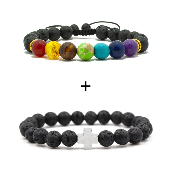 Set Bratara Ajustabila 7 Chakre Lava Si Bratara Lava Cu Cruce Argintie