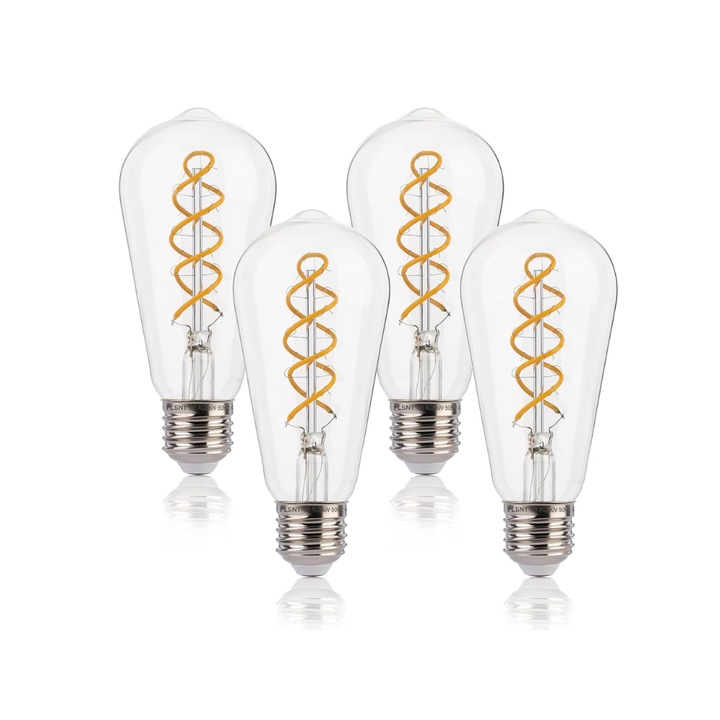 Set de 4 becuri, FLSNT, LED E27, cu filament spiralat retro, 4 W, 2200 K Alb Cald, Dimabile, CRI90, Sticla transparenta, Clasa energetica G