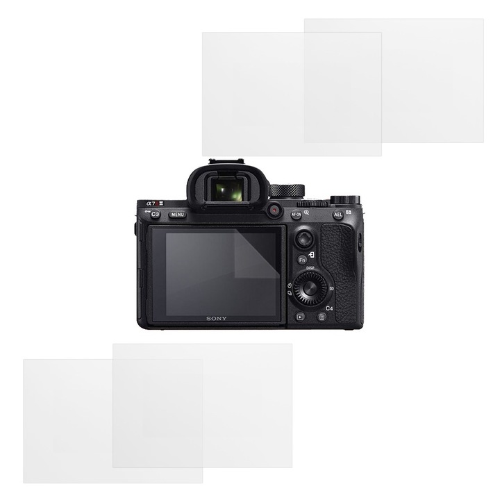 Set protectie compatibil cu Sony A7R III, COMANDO Focus Shield, 4 Folii de Silicon Rezistente pentru Ecran, Anti-Reflexie, Anti-zgarieturi, Proprietati Regenerabile, Protectie Anti-Amprente, Aplicare usoara, Gri Transparent