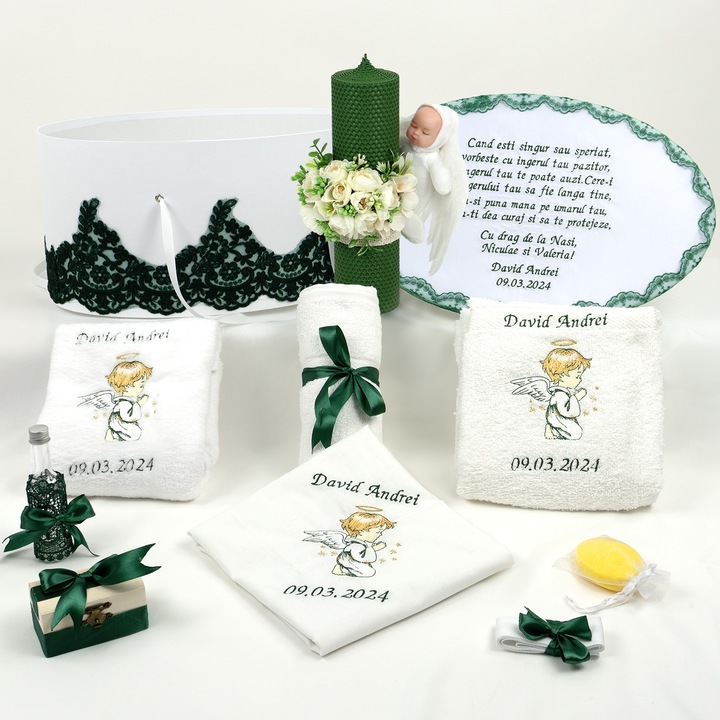 Set Botez "Micul Ingeras", format din Trusou Complet si Lumanare, model Ingeras, 10 piese, pentru Baieti, Fete, culoare Verde, marca LoreBebe ®