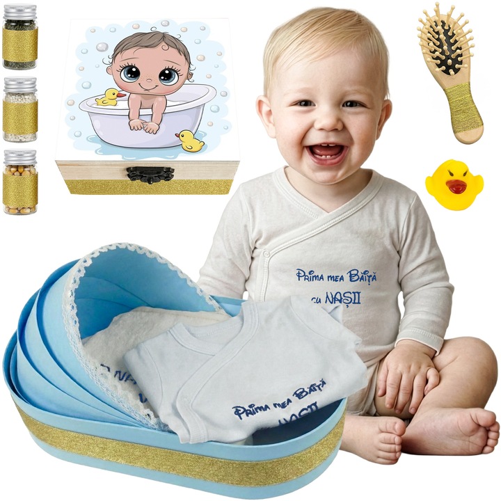 Set Prima Baita “Bebelus in Cadita”, Set Complet 9 Piese LoreBebe, Cadou Botez, Cutie cu mirodenii pentru Prima Baita cu Nasii dupa Botez, Bleu