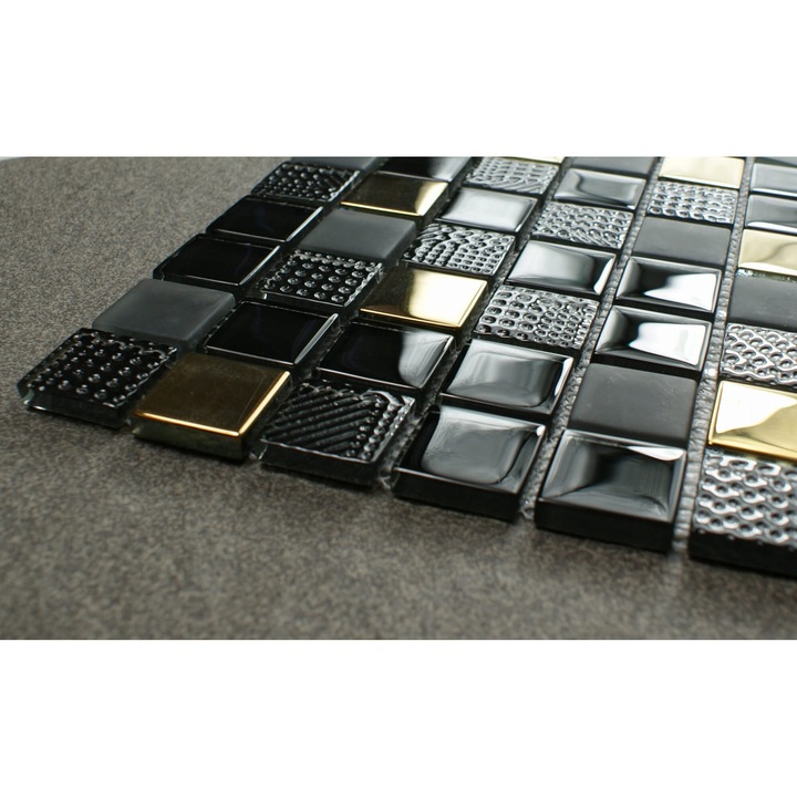 Mozaic de sticla neagra "VOLCANO GOLD", tigla de mozaic neagra, tigla decorativa moderna