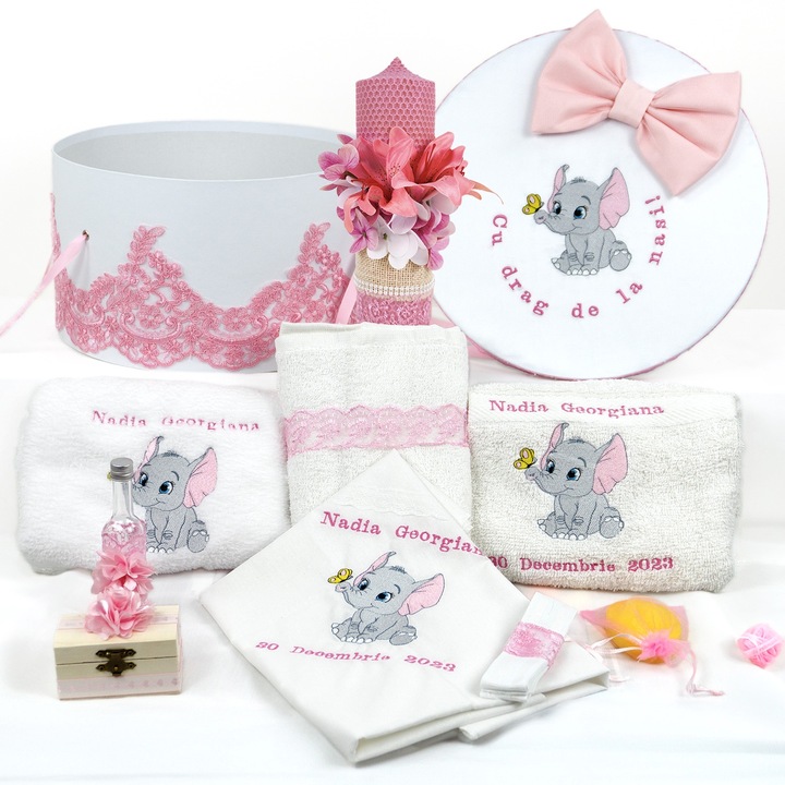 Set Botez "Elefantica", format din Trusou Complet si Lumanare, model Elefant, 10 piese, pentru Fete, culoare Roz, marca LoreBebe ®