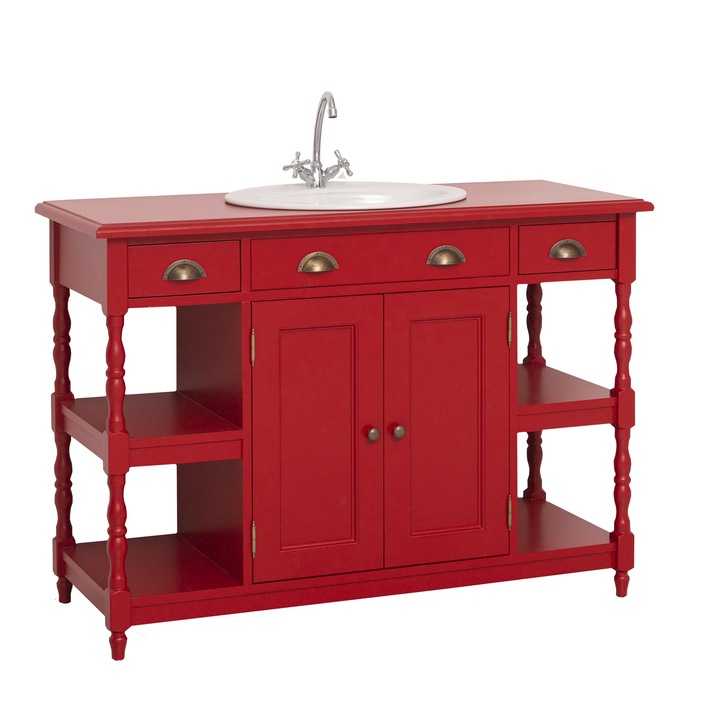 Dulap baie pentru lavoar cu 2 usi si 2 polite, culoare rosu, vopsit, 100% lemn masiv, 128x91x54 cm