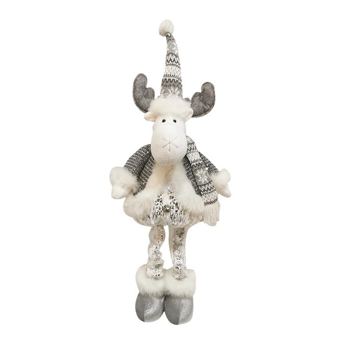 Figurina Decorativa, Pentru Craciun, Flippy, Ren, Picioare Telescopice, Inaltime Reglabila 52 - 82 cm, Pantaloni Luciosi, Alb/Argintiu