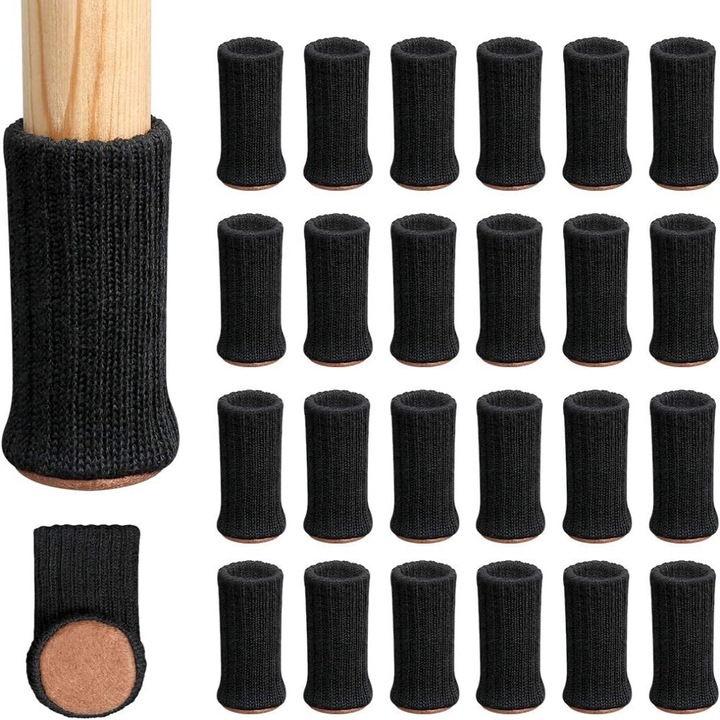 Huse pentru picioare scaun Sunmostar, poliester-bumbac, antiderapante, negru, 10cm, set 24 buc