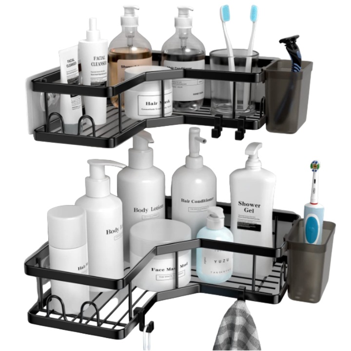 Raft de dus tip etajera colt organizator baie, din otel inoxidabil, set 2 buc, negru