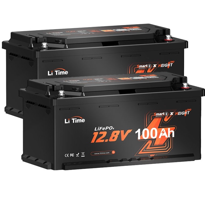 Set 2 Acumulator solar, LiTime, 12.8V 100Ah H188mm Bluetooth, 1280W, Negru