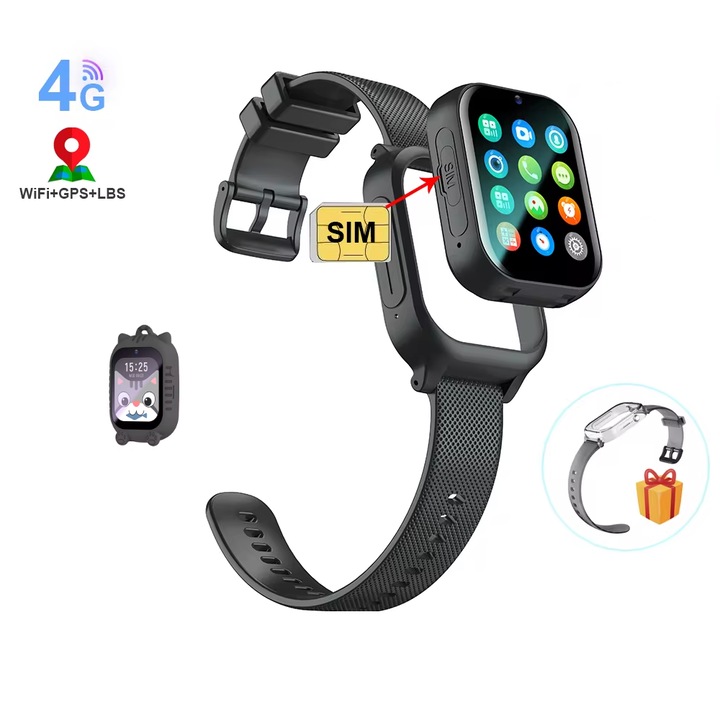 Gyermek okosóra, 4G, SIM kártya foglalat, GPS, SOS gomb, 1,85" kijelző, 700 mAh, kémfigyelés, videohívás, kamera, hangüzenet, érintőképernyő, vízálló, pontos GPS+SOS helymeghatározás, kompatibilis Android / IOS, + 3 tartozék , fekete