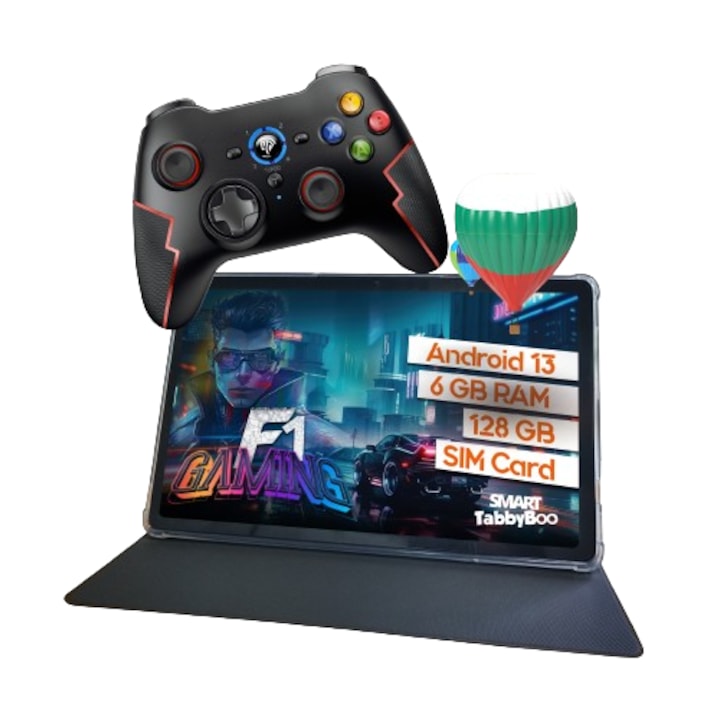 Комплект детски таблет SMART TabbyBoo F1 Gaming 128GB, 6GB RAM, Android 13, OctaCore, WiFi, Dual SIM, 10.36" 2K QHD екран, тъмно сив