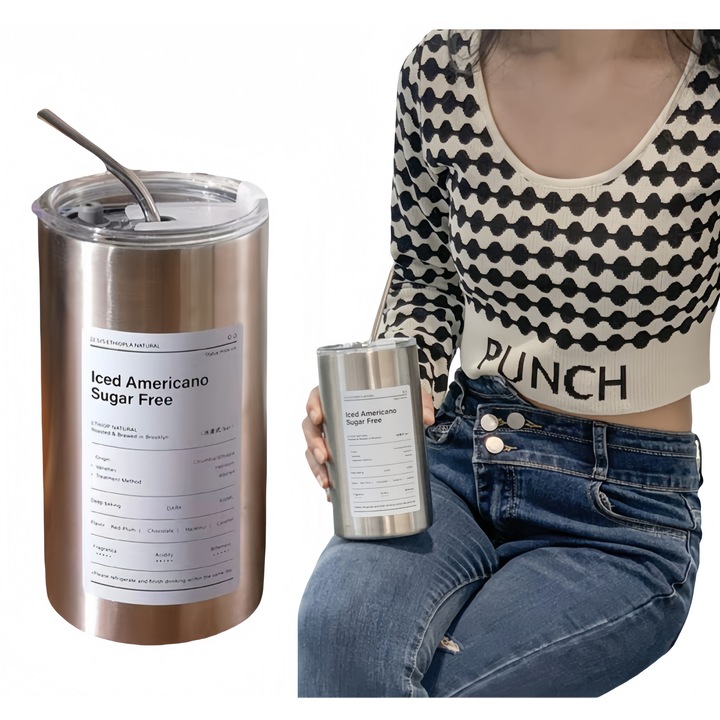 Termos portabil in stil minimalist modern. Estetica nordica eleganta, otel inoxidabil dublu stratificat in vid, temperatura constanta 6-12 ore, 600 ml