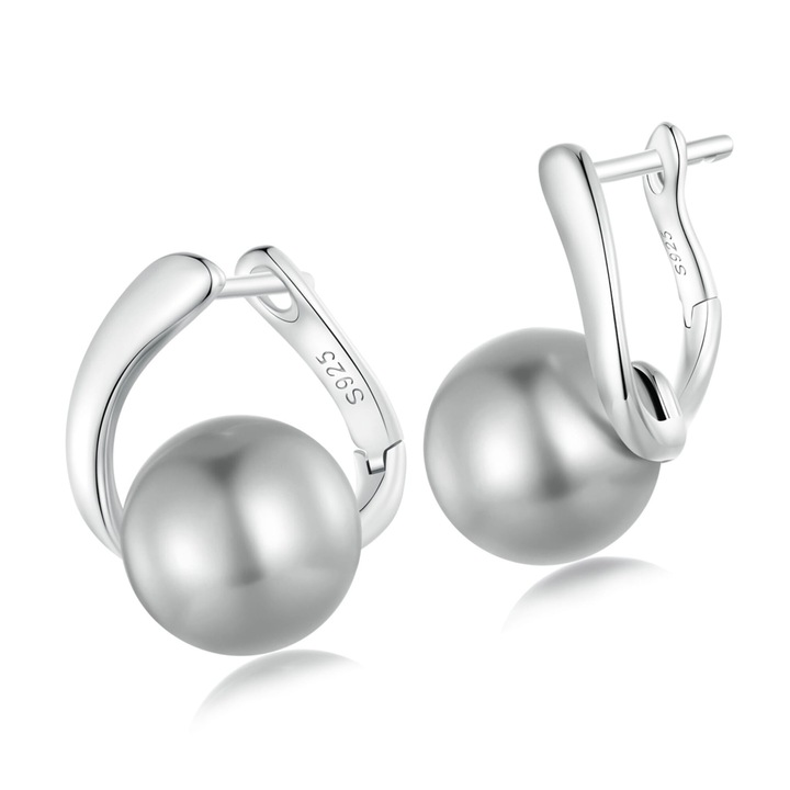 Cercei cu perle gri, inchidere tip bile, argint 925, 17x12mm