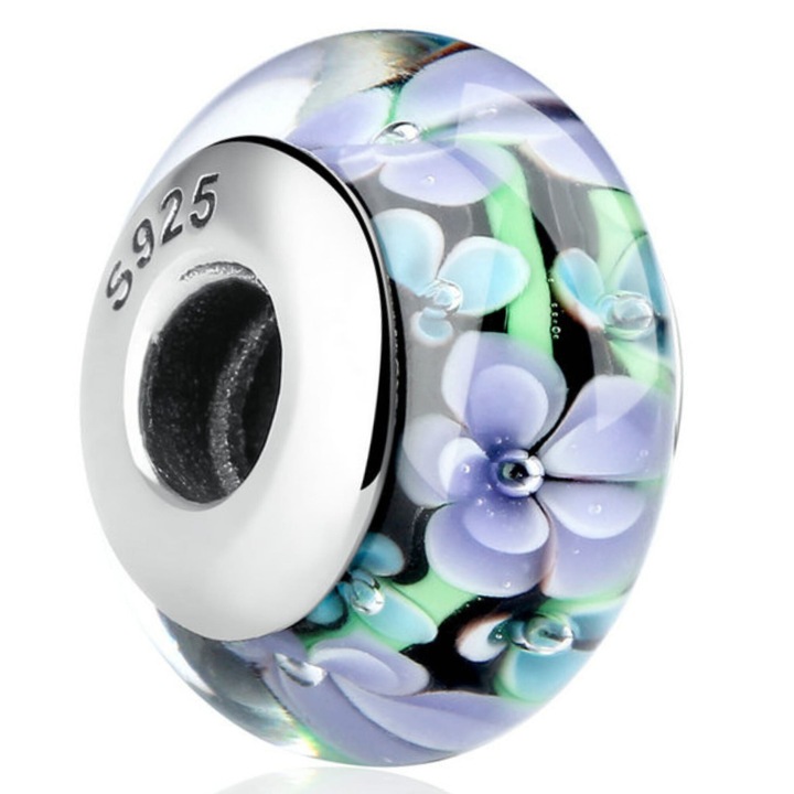 Charm din argint 925, sticla Murano, transparent cu model floral violet-albastru, 9x15mm