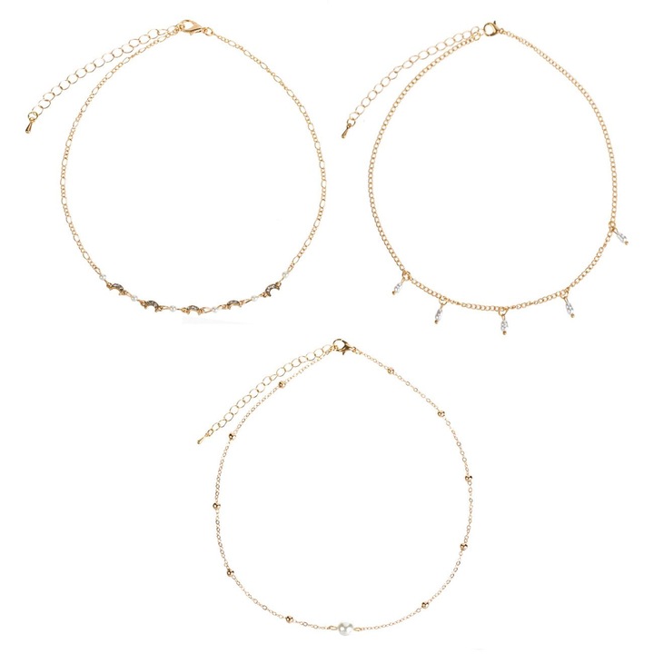 Coliere lant de culoare aurie cu perle albe strass - 3buc