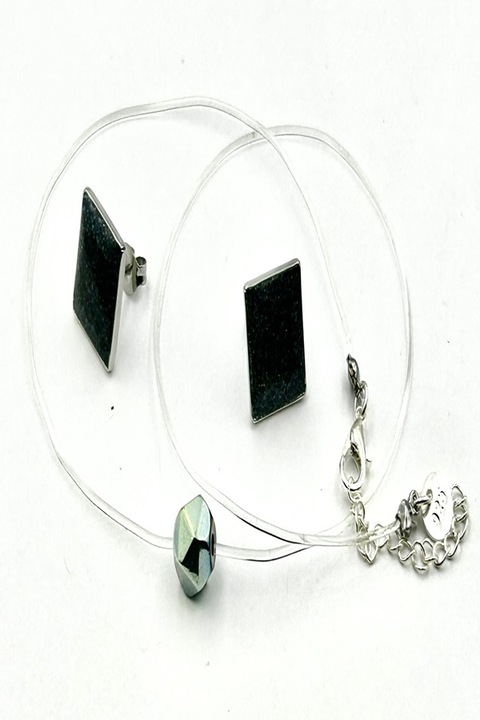 Colier la baza gatului pe fir transparent din silicon cu pandantiv si inchidere reglabila din Argint 925, Ma Bijoux, Handemade, Piatra semipretioasa: Hematit, Hexagon, Verde + CERCEI
