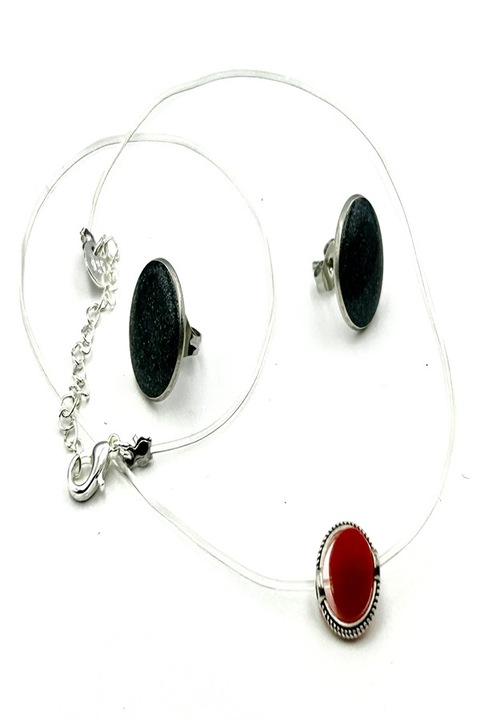 Colier la baza gatului pe fir transparent din silicon cu pandantiv si inchidere reglabila din Argint 925, Ma Bijoux, Handemade, Piatra semipretioasa: Agat, Portocaliu + CERCEI