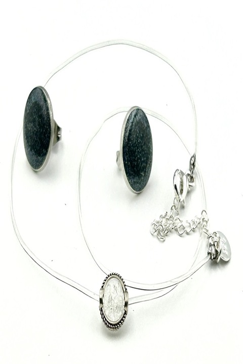 Colier la baza gatului pe fir transparent din silicon cu pandantiv cracked crystal si inchidere reglabila din Argint 925, Ma Bijoux, Handemade, Alb + CERCEI