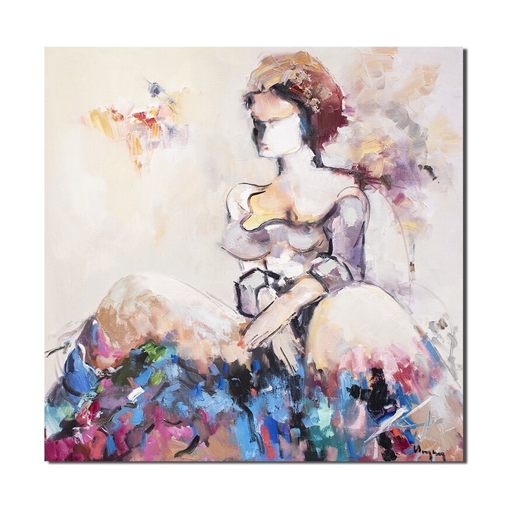 Tablou pictat manual dormitor, living, Madame, 80x80cm ulei pe panza in cutit efect 3D, Geo Ungureanu