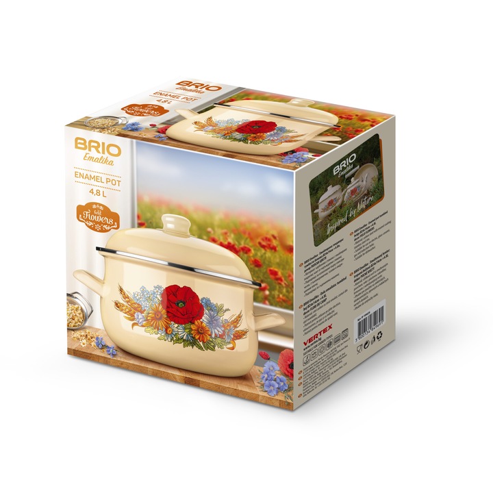 Тенджера Brio Emaliкa, емайлирана, тумбеста, бежова, Ø24х14см, 4.8л, декор полски цветя