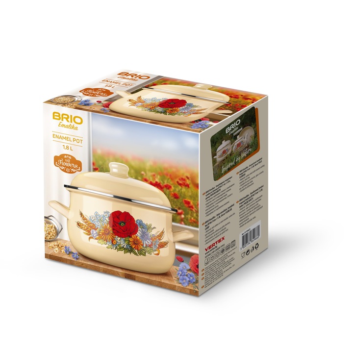 Тенджера Brio Emaliкa, емайлирана, тумбеста, бежова, Ø18х11см, 1.8л, декор полски цветя