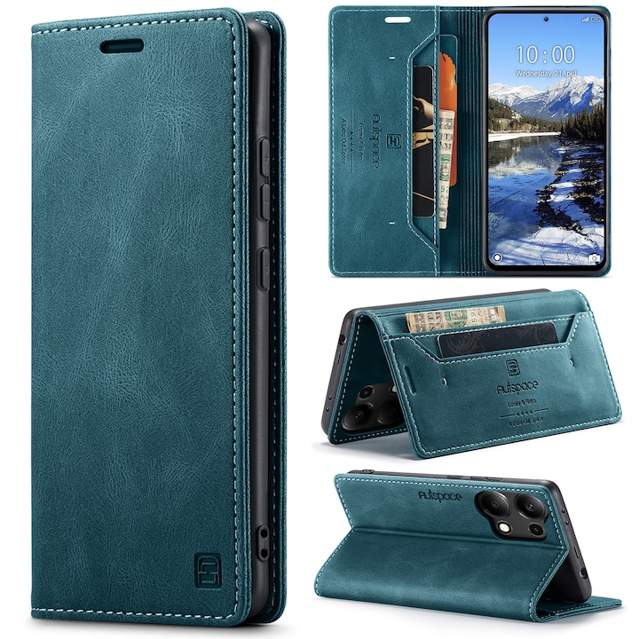 Калъф за Xiaomi Redmi Note 13 Pro 4G, CaseMe Retro, тънък, кожен, тип портфейл, стойка, магнитно закопчаване, мека текстура, RFID защита, Син