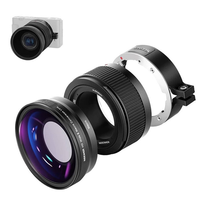 Широкоъгълен и макро обектив 2 в 1 Neewer, 18 mm, анодизиран алуминий, черен, за Sony ZV1