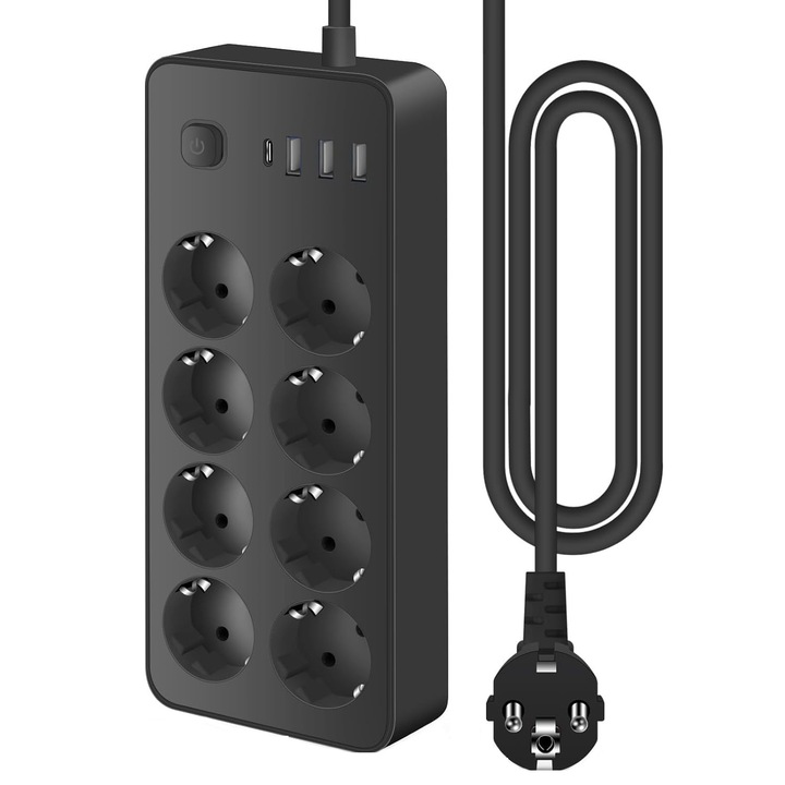 Удължител за бързо зареждане 12 В 1, MorFansi, 3xUSB/1xType-C/8x изхода за алтернативен ток, HighPower, функция за пренапрежение, превключвател, кабел 1,8 м, черен