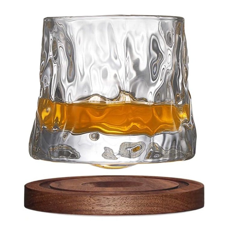 Set de pahare pivotante cu suport din bambus, rezistent la caldura, rotatie la 360°, usor de tinut si curatat, 160 ml, stil Ice Rock, transparent