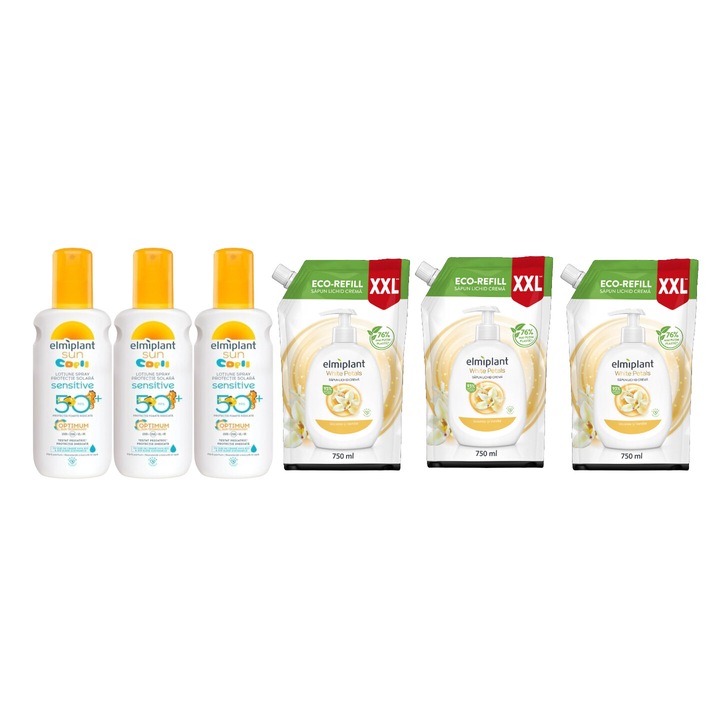 Комплект за лична хигиена 6 x Компоненти, 3 x Детски соларен лосион 200 ml Sensitive, 3 x Резервен течен сапун 750 ml White Petals, ефективно почистване, интензивна хидратация, лесно нанасяне, предотвратява дразнене, дерматологично тестван, без парабени