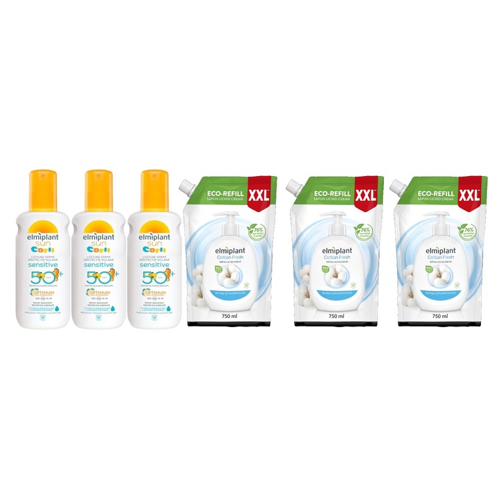 Комплект за лична хигиена 6 x Компоненти, 3 x Детски соларен лосион 200 ml Sensitive, 3 x Резервен течен сапун 750 ml Cotton Fresh, ефективно почистване, интензивна хидратация, лесно нанасяне, предотвратява дразнене, дерматологично тестван, без парабени
