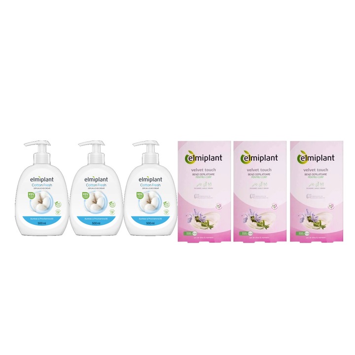 Комплект за лична хигиена 6 x Компоненти, 3 x Течен сапун 500 ml Cotton Fresh, 3 x Депилиращи ленти за тяло 12 бр Velvet Touch, ефективно почистване, интензивна хидратация, лесно нанасяне, предотвратява дразнене, дерматологично тестван, без парабени